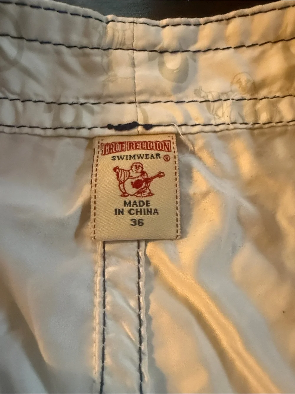 True Religion White Swim Board Shorts with Peace Print
